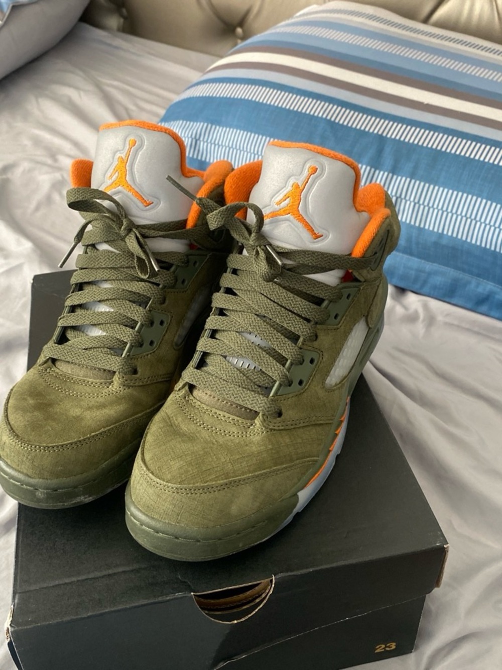 Jordan Olive Green and Orange Suede Sneakers